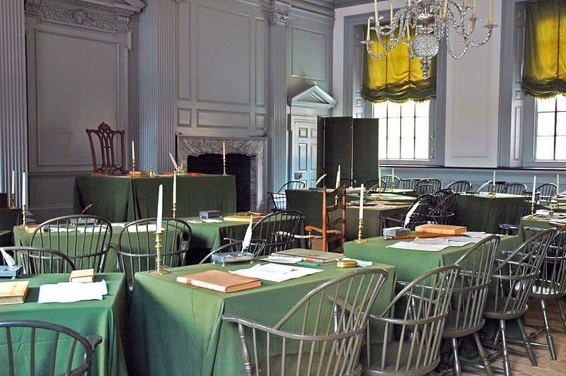 The Assembly Room, in which the United States Declaration of Independence and Constitution were drafted and signed, at <u>Independence Hall</u> in <u>Philadelphia, Pennsylvania</u>. (Wikipedia)