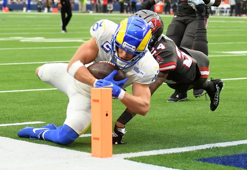 Inglewood, CA. September 26, 2021: Rams receiver Cooper Kupp dives for the end zone.