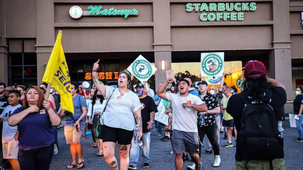 PHOTO: Employees protest against what they perceive to be union busting tactics, outside a Starbucks in Great Neck, N.Y., on Aug. 15, 2022. (Thomas A. Ferrara/Newsday RM via Getty Images)