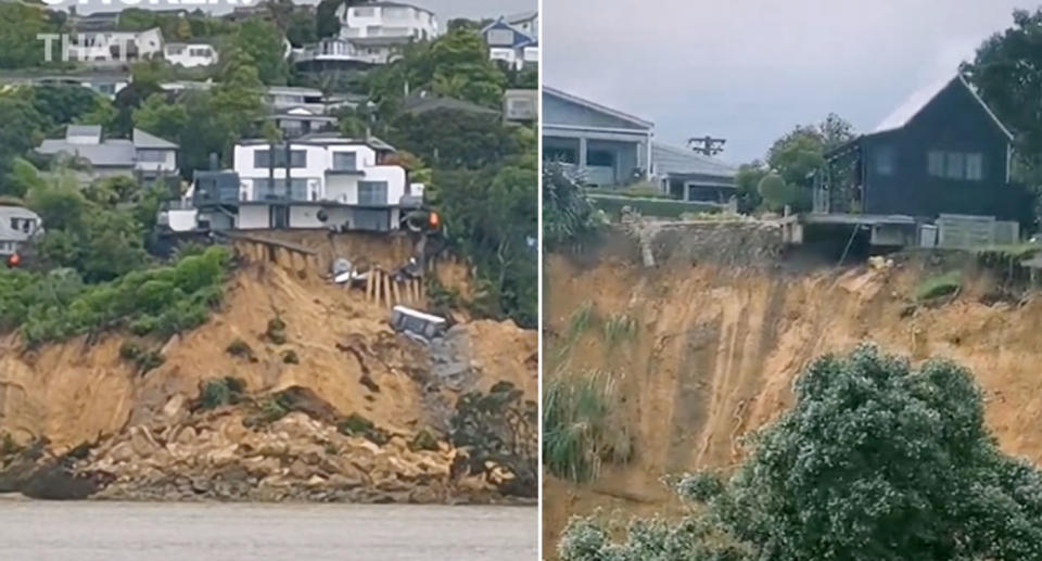 Luxury homes on New Zealand's coastline are on the verge of collapse after torrential rain washes away the land. Source: TikTok/warriorlifestyletiktok