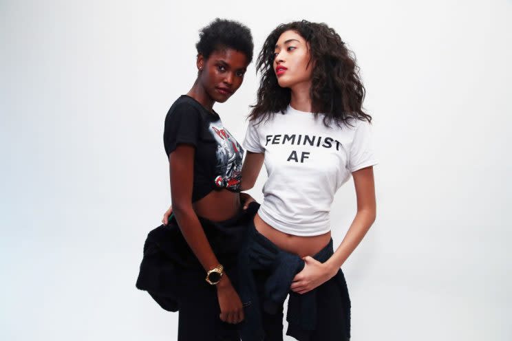 Models Amilna Estevao and Aqua Parios pose backstage at the Public School Fall 2017 show. (Photo: Getty Images)