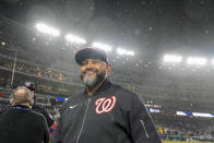 Washington Nationals manager Dave Martinez smiles after a baseball game against the Pittsburgh Pirates at Nationals Park, Wednesday, April 3, 2024, in Washington. The Nationals won 5-3. (AP Photo/Alex Brandon)