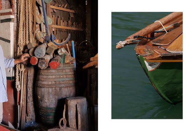 <p>Camilla Glorioso</p> From left: Arzanà, a collection of boats and maritime artifacts in Cannaregio; one of the boats in Venice On Board’s fleet.