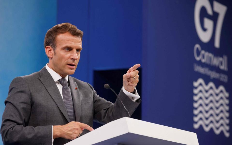 Emmanuel Macron takes part in a press conference on the final day of the G7 summit in Carbis Bay - Ludovic Marin/AFP