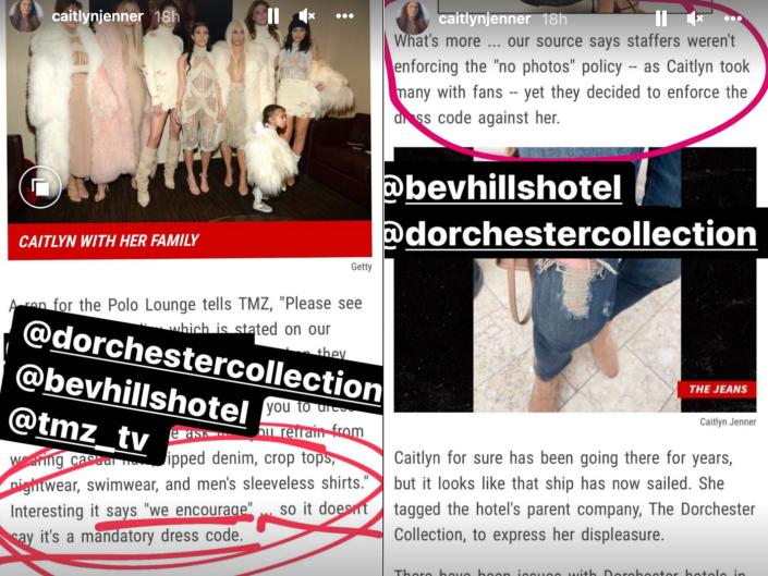 Caitlyn Jenner shared two more Instagram stories of a TMZ story about her incident at the Beverly Hills Hotel.