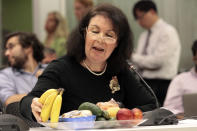 Laurie Tansman, a nutritionist at Mount Sinai Medical Center, speaks during a New York City Board of Health public hearing on the proposal to limit the size of sugary drinks Tuesday, July 24, 2012 in New York. New York faced the next step in a bitter battle over large sugary drinks Tuesday, with the soft drink and restaurant industries protesting the mayor's proposed ban and the public lining up to have its say. (AP Photo/Mary Altaffer)