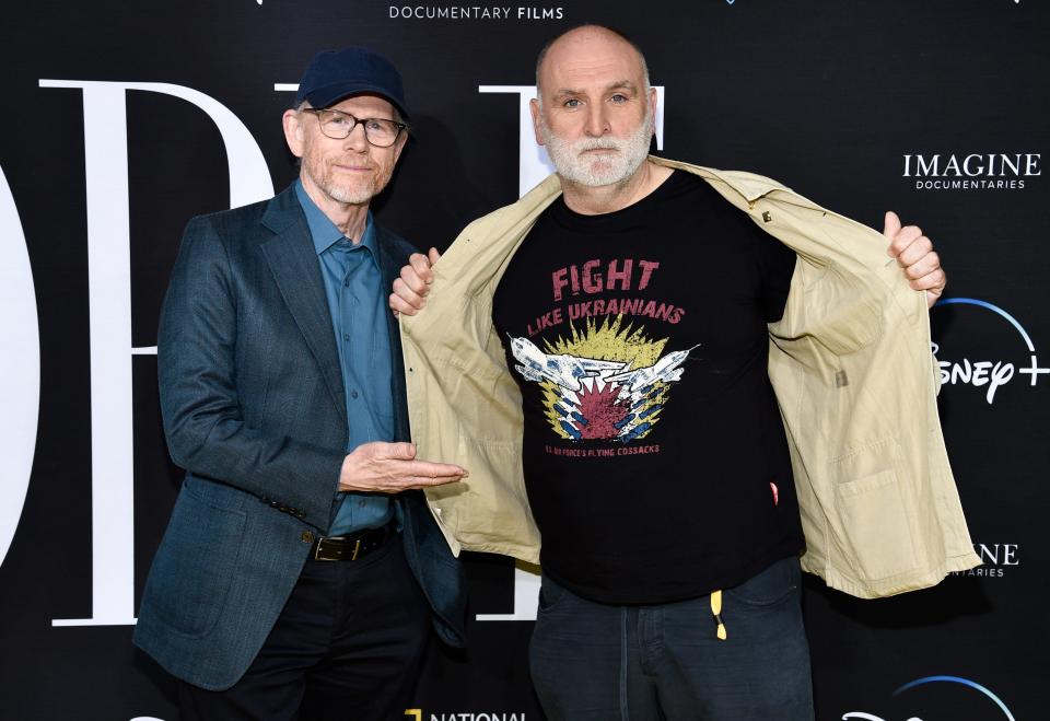 Director Ron Howard, left, and Jose Andres attend the premiere of "We Feed People" at the SVA Theatre May 3 in New York.