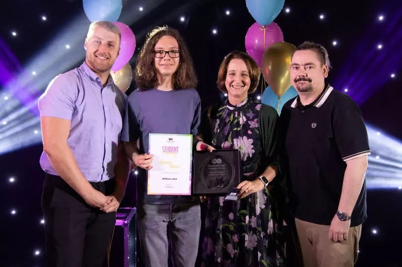 Winning ways: Overall Student of the Year (16-18) at Middlesbrough College William Laird (second left) receives his award from (from left) Luke Simmons from award sponsor Caspar Group; Middlesbrough College principal and CEO Zoe Lewis and Callum Watson from Caspar Group