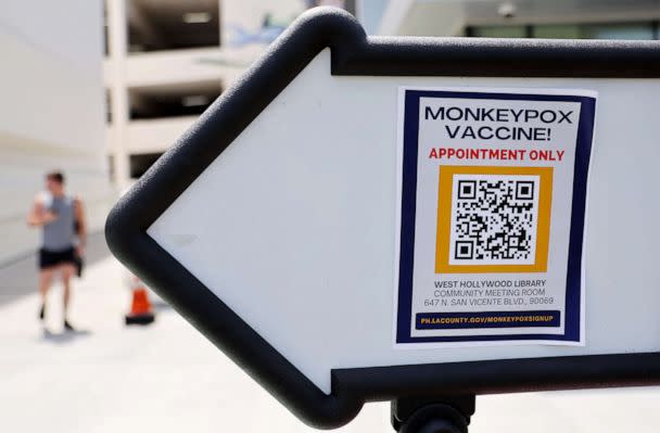 PHOTO: A sign directs people toward a pop-up monkeypox vaccination clinic which opened today by the Los Angeles County Department of Public Health at the West Hollywood Library on Aug. 3, 2022, in West Hollywood, Calif. (Mario Tama/Getty Images)