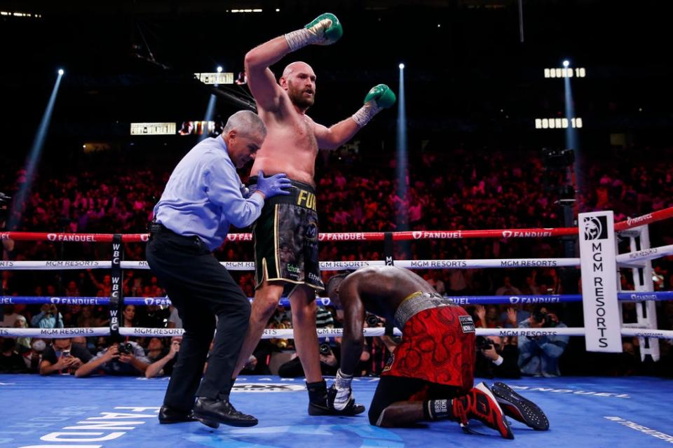 Fury celebrates knocking down Wilder (AP)