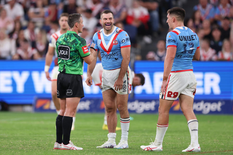 James Tedesco argues with the referee over Victor Radley's penalty.