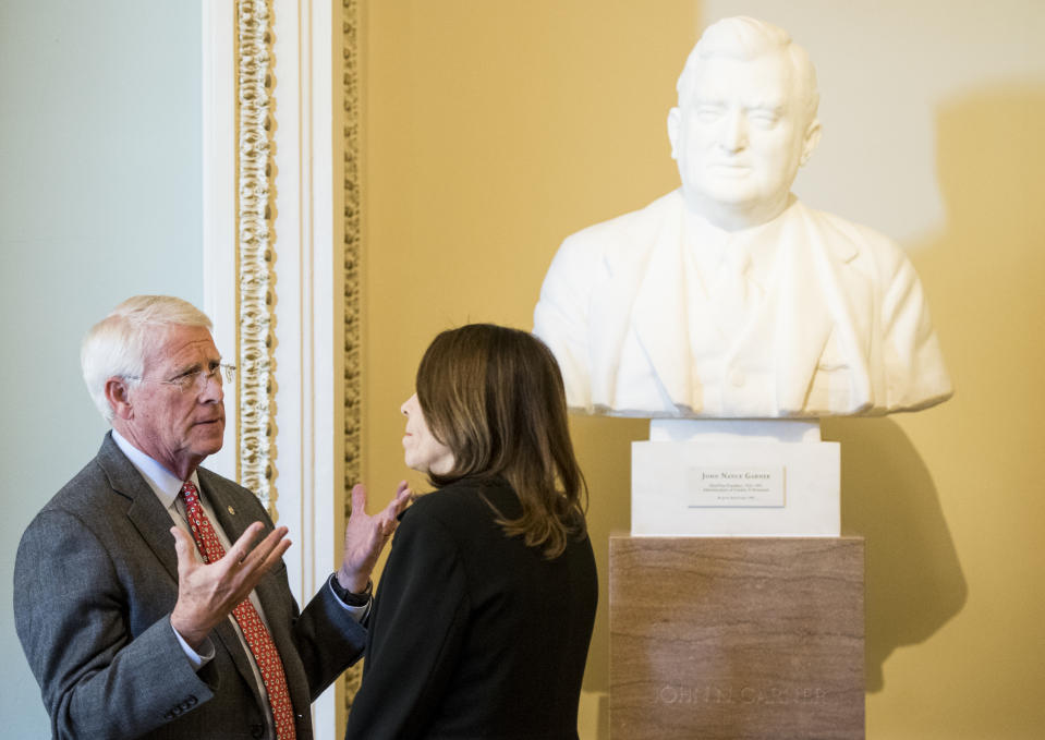 UNITED STATES - DECEMBER 3: Sen. Roger Wicker, R-Miss., and Sen. Maria Cantwell, D-Wash., talk in the Ohio Clock Corridor in the Capitol on Tuesday, Dec. 3, 2019. (Photo By Bill Clark/CQ-Roll Call, Inc via Getty Images)