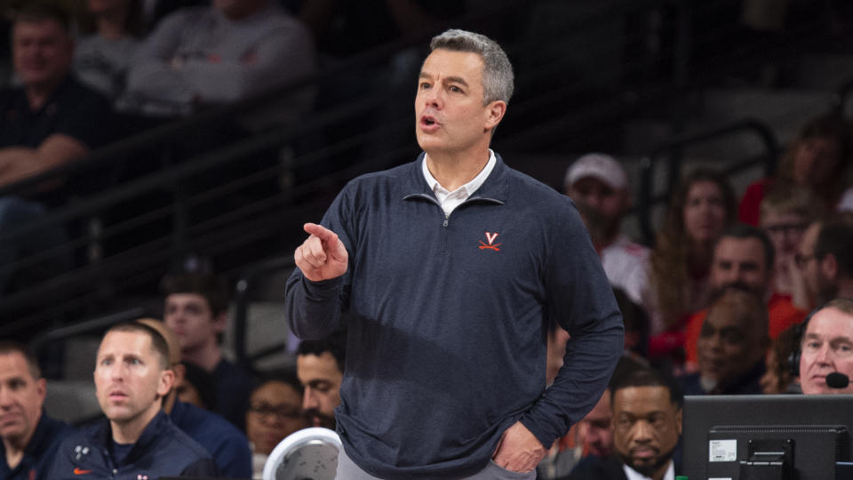 Virginia head coach Tony Bennett points to an official in the second half of an NCAA college basketball game against Georgia Tech, Saturday, Dec. 31, 2022, in Atlanta. (AP Photo/Hakim Wright Sr.)