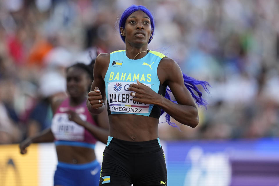 Shaunae Miller-Uibo, of Bahamas, wins in a the semifinal of the women's 400-meter run at the World Athletics Championships on Wednesday, July 20, 2022, in Eugene, Ore. (AP Photo/Ashley Landis)