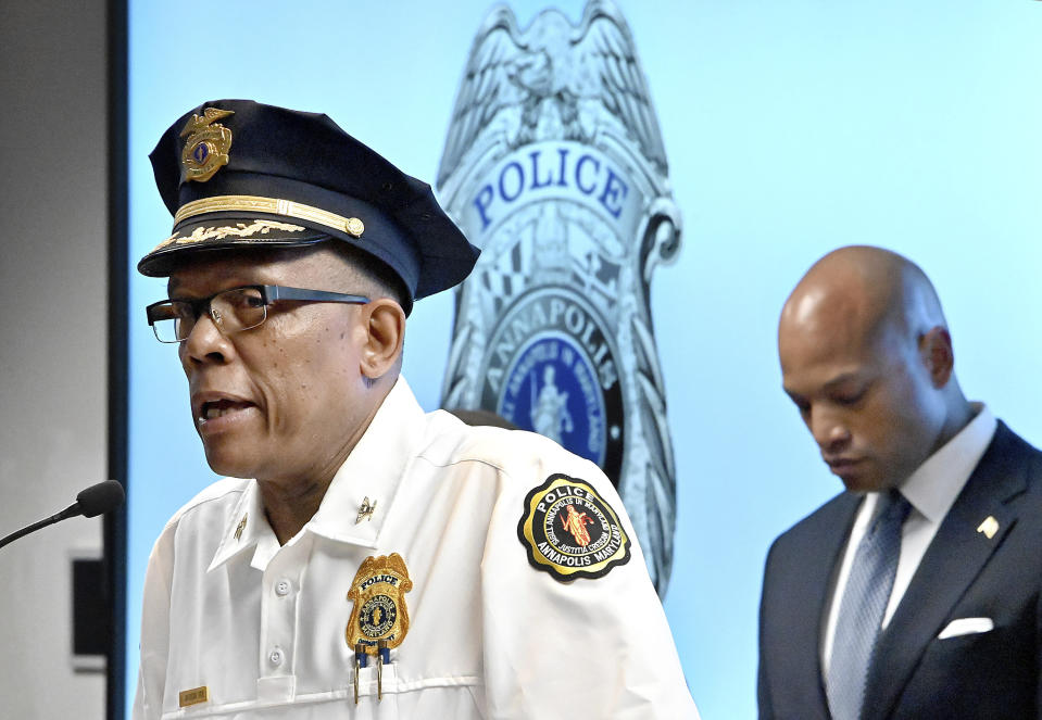Gov. Wes Moore, right, listens as Annapolis Police Chief Edward C. Jackson answers a question about the victims at the press conference at Annapolis Police headquarters regarding the shooting overnight in Annapolis, Md., Monday, June 12, 2023. (Jeffrey F. Bill/The Baltimore Sun via AP)