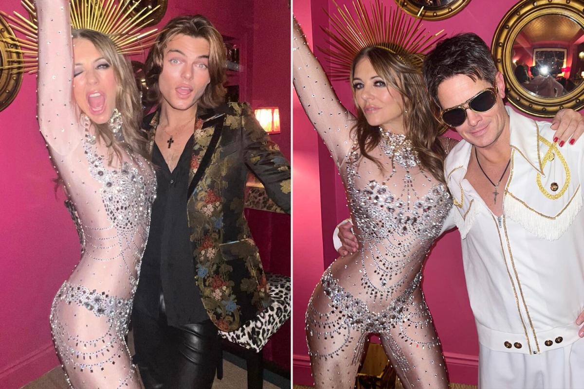 Elizabeth Hurley Wears Nude Bejeweled Catsuit And Headpiece To Ring In 