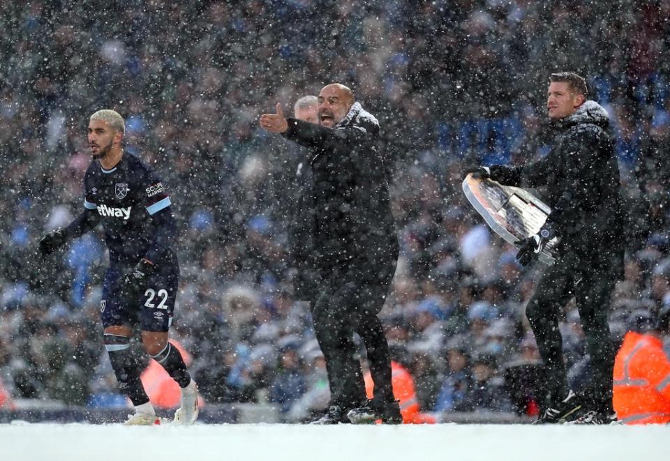 Manchester City manager Pep Guardiola (centre) shouted instructions (Martin Rickett/PA) (PA Wire)