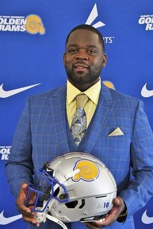 Albany State football head coach Quinn Gray poses for a photo at introductory press conference in Albany, Georgia on Tuesday, Jan. 24, 2023. Gray played quarterback at Florida A&M from 1997-2001