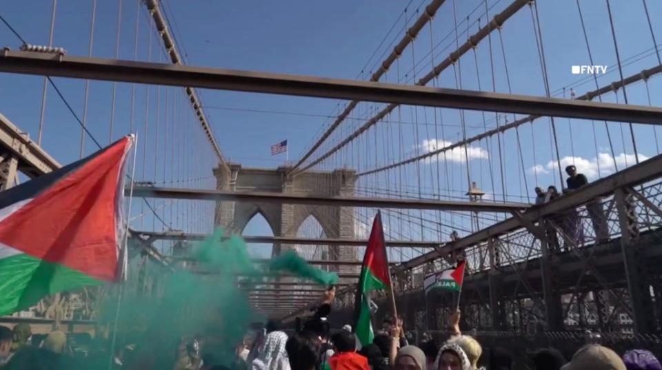 Demonstrators waving Palestinian flags while blocking traffic. FNTV/Olga Fe