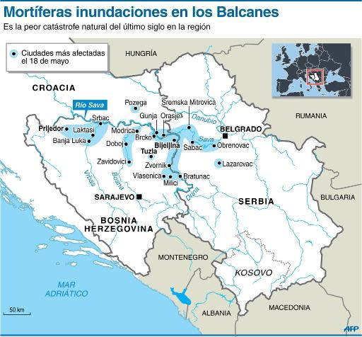 Localización de las zonas más afectadas por las inundaciones en los Balcanes (AFP | -, -)