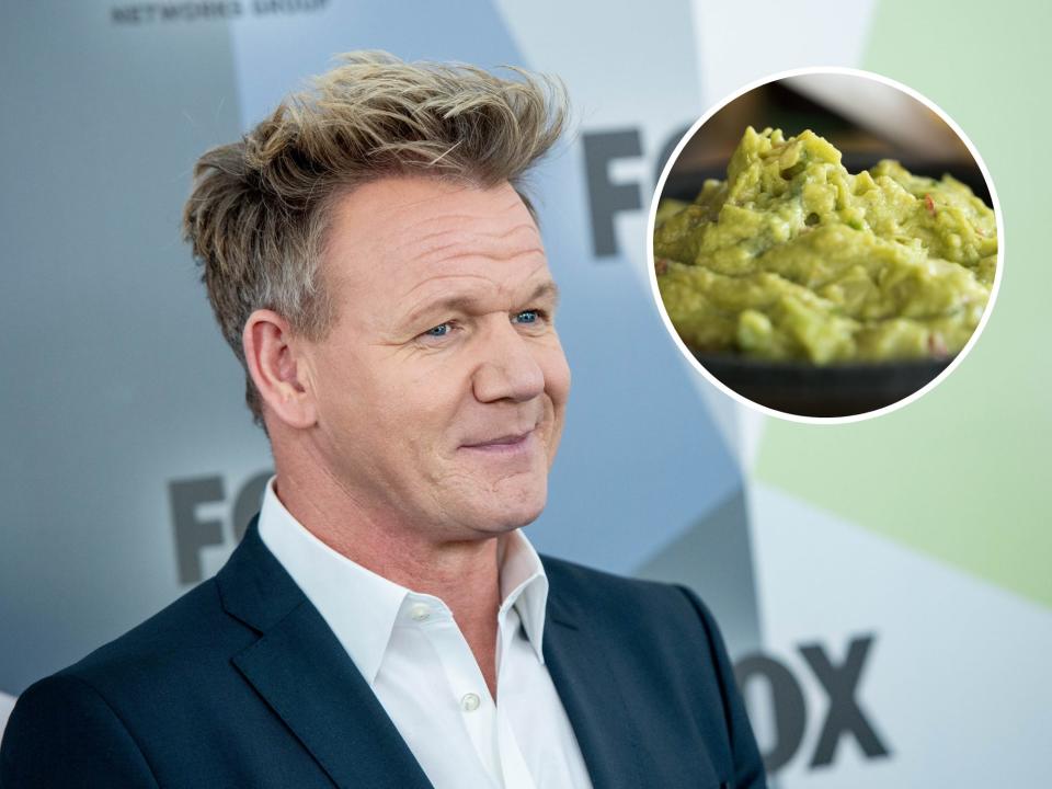 gordon ramsay on red carpet and guacamole in white circle