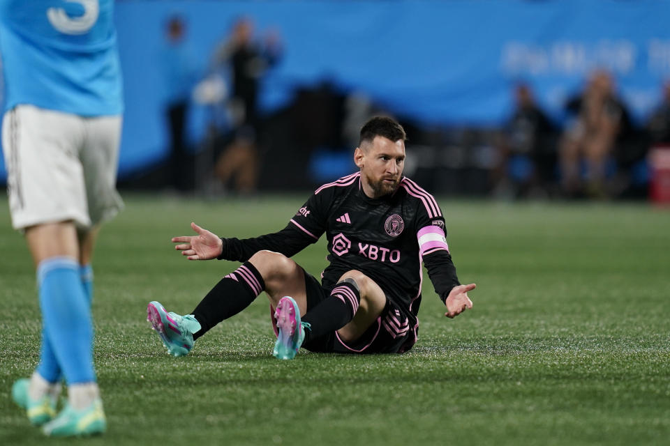 Inter Miami forward Lionel Messi reacts after getting fouled during the second half of an MLS soccer match against Charlotte FC, Saturday, Oct. 21, 2023, in Charlotte, N.C. (AP Photo/Erik Verduzco)