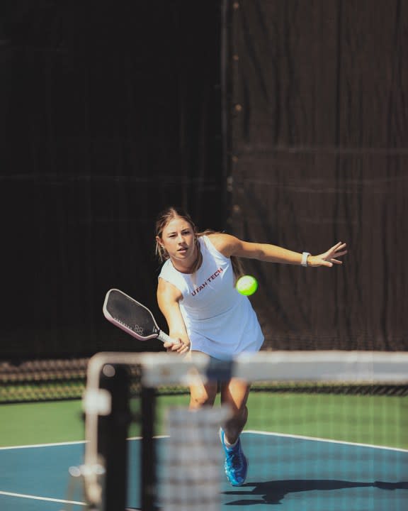 Averee Beck, a member of the winning Utah Tech team, plays pickleball. She also received gold for the Women’s Singles and Women’s Doubles divisions at the U.S. Collegiate Championship. (Courtesy of Utah Tech University)