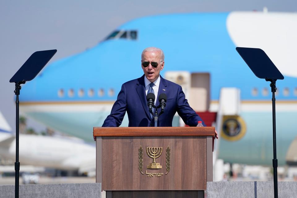 President Joe Biden speaks during an arrival ceremony after arriving Wednesday in Tel Aviv. In the 2020 election, Biden won four states vital to his Electoral College victory by narrow margins, despite an advantage of 7 million votes nationwide.