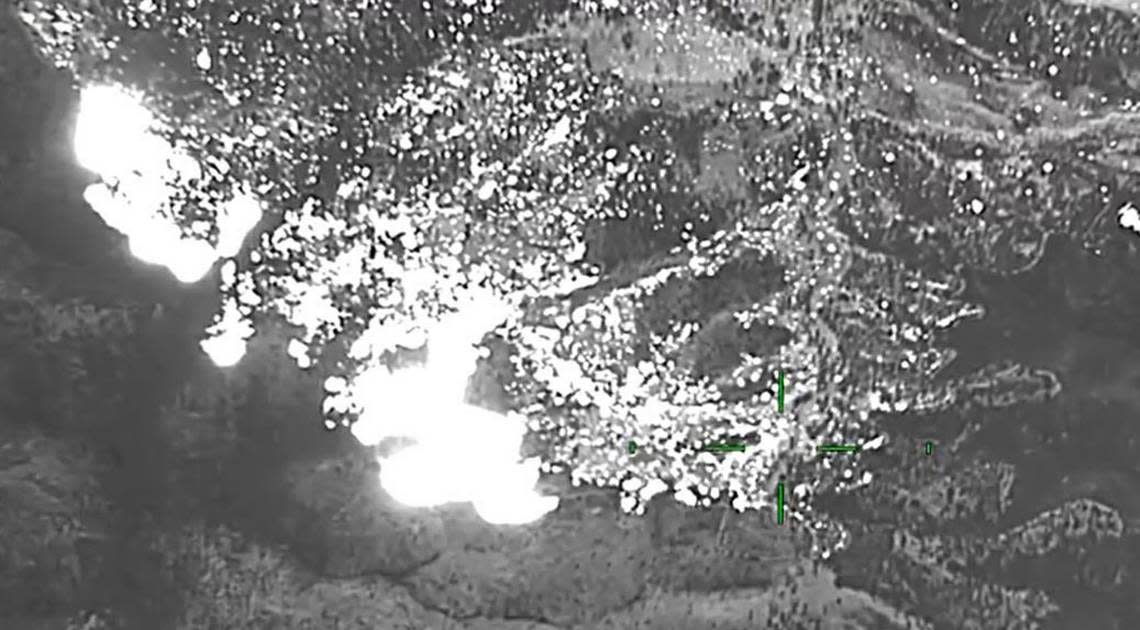 A still frame from infrared video looking south from the north end of the Oak Fire near Mariposa, California, shows white areas indicating hot spots where the wildfire is burning most intensely. The image is from a surveillance aircraft flying over the fire on Monday afternoon, July 25, 2022.