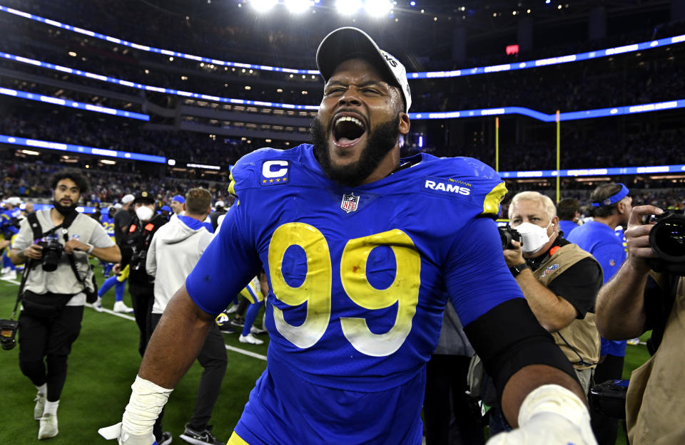 Inglewood, CA - January 30: Defensive end Aaron Donald #99 of the Los Angeles Rams celebrates after the Rams advance to the Super Bowl. (Photo by Keith Birmingham/MediaNews Group/Pasadena Star-News via Getty Images)