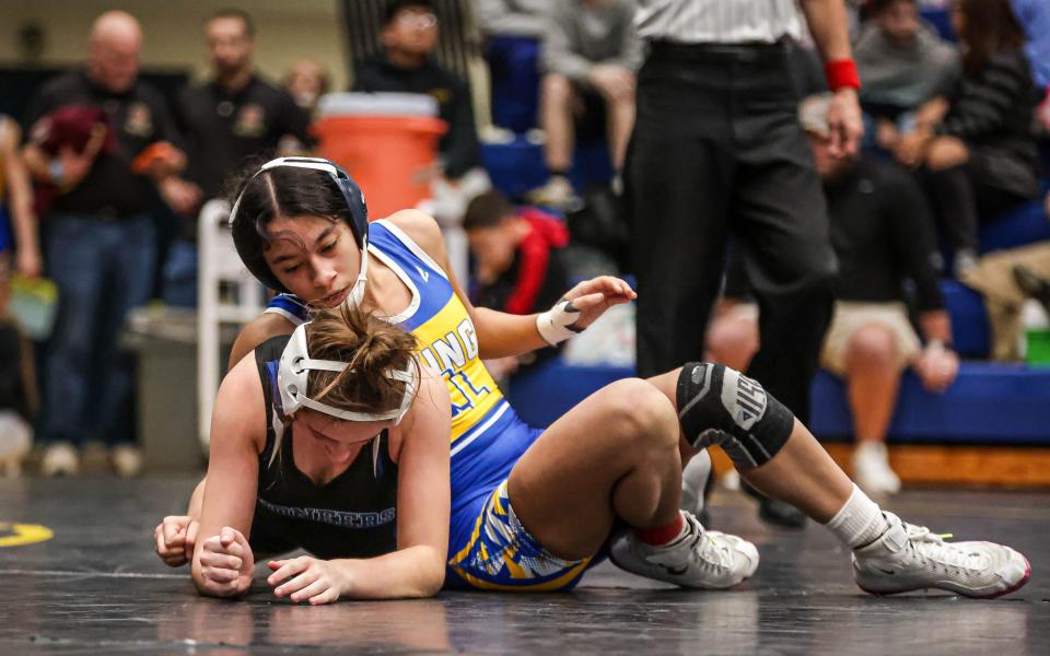 Johbrianna Long (Northern Lebanon) wrestles Rylee Diem (Lampeter Strasburg) in the girls 118 lb.Consolation Semifinal match. The Lancaster Lebanon League Wrestling Championships were held at Manheim Township on Saturday January 27, 2024.