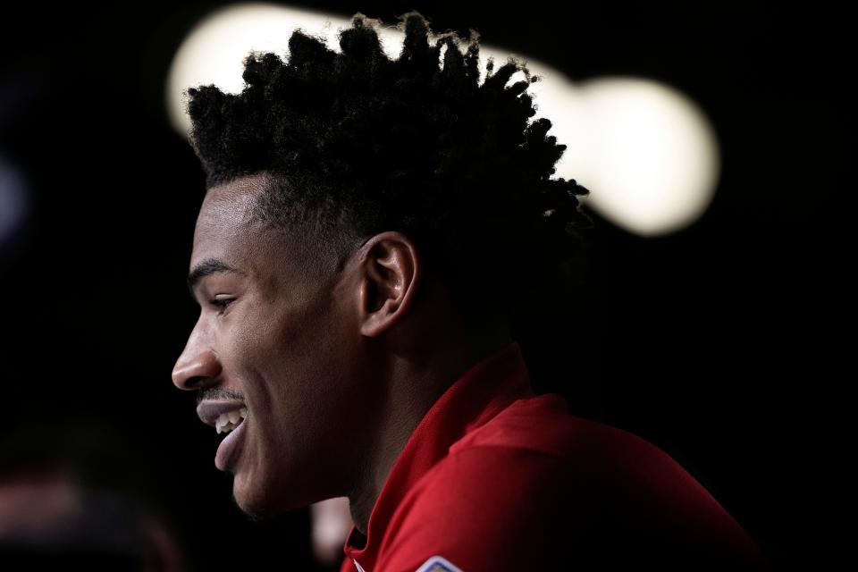 Former Kansas guard Ochai Agbaji brings a unique skillset to the Cavaliers, who selected him with the 14th pick in the NBA Draft on Thursday night. [Brynn Anderson/Associated Press]