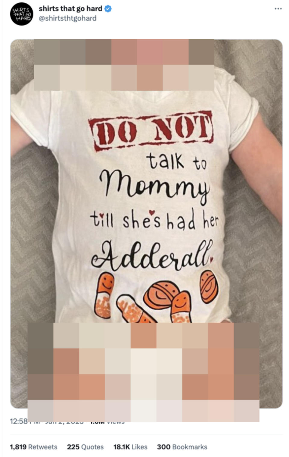 Screenshot of a onesie saying, "Do not talk to mommy till she's had her Adderall"