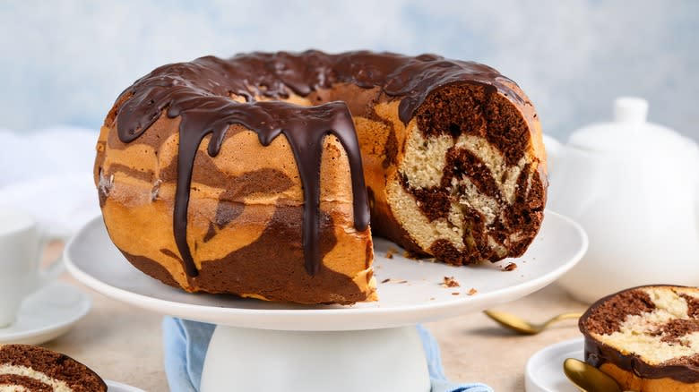 marbled bundt cake with chocolate glaze