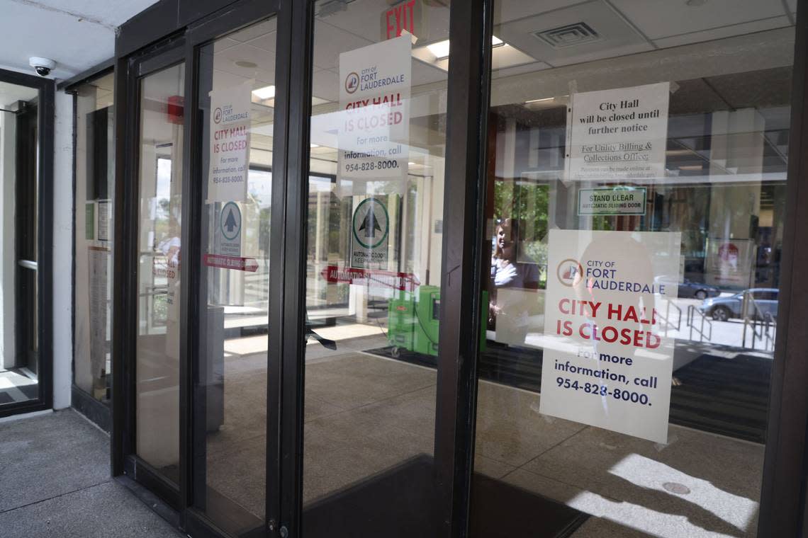 Fort Lauderdale City Hall remains close due to flooding on Monday, April 17, 2023. (Carline Jean/South Florida Sun Sentinel)