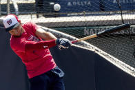 Washington Nationals shortstop Trea Turner (7) takes batting practice as the Washington Nationals hold their first training camp work out at Nationals Stadium, Friday, July 3, 2020, in Washington. (AP Photo/Andrew Harnik)