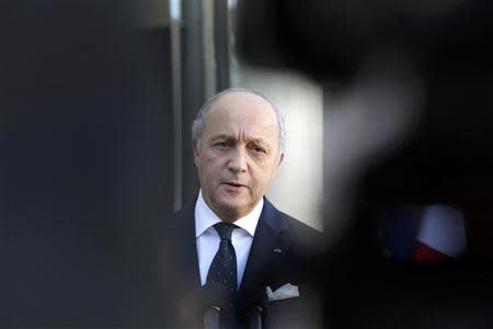 French Foreign Affairs Minister Laurent Fabius speaks to journalists following a meeting at the Elysee Palace in Paris November 3, 2013. REUTERS/Gonzalo Fuentes