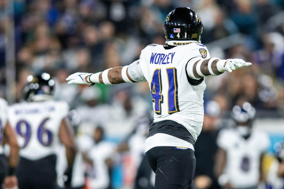 Dec 17, 2023; Jacksonville, Florida, USA; Baltimore Ravens defensive back Daryl Worley (41) celebrates the turnover against the <a class="link " href="https://sports.yahoo.com/nfl/teams/jacksonville/" data-i13n="sec:content-canvas;subsec:anchor_text;elm:context_link" data-ylk="slk:Jacksonville Jaguars;sec:content-canvas;subsec:anchor_text;elm:context_link;itc:0">Jacksonville Jaguars</a> in the first quarter at EverBank Stadium. Mandatory Credit: Jeremy Reper-USA TODAY Sports