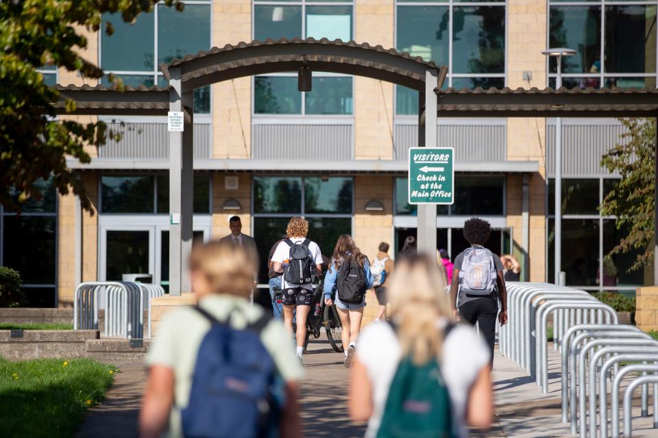 West Salem High School students walk to class on the first day of school on Wednesday, Sept. 7, 2022 in West Salem, Ore. 