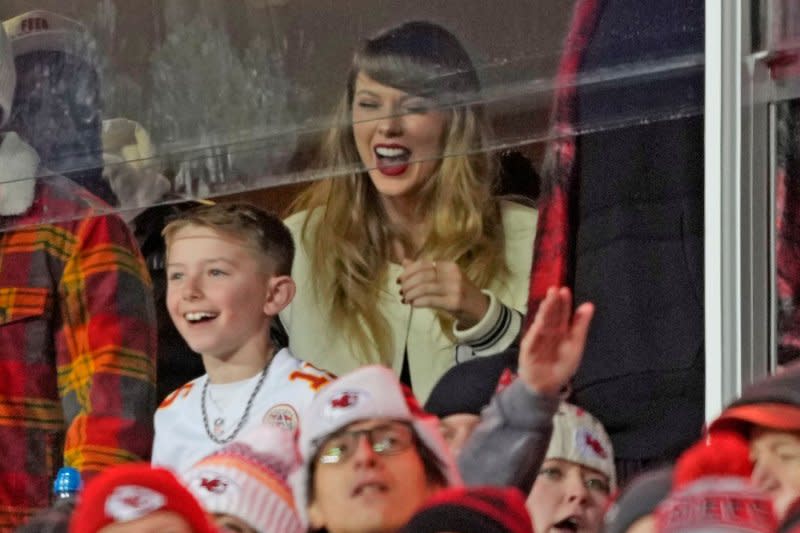 Taylor Swift celebrates as the Kansas City Chiefs play the Cincinnati Bengals at Arrowhead Stadium in Kansas City, Mo., on December 31. File Photo by Jon Robichaud/UPI