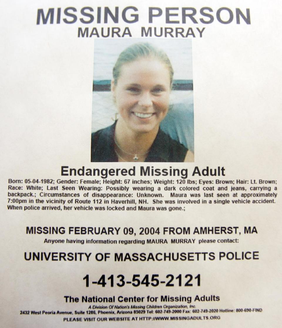 This Tuesday Feb. 4, 2014 photo shows a missing person poster of Maura Murray that hangs in the lobby of the police station in Haverhill, N.H. Ten years ago, the Massachusetts college student drove off a road in a rural section of Haverhill in northern New Hampshire and hasn't been seen since. She left a tormented family, vexed investigators and a case rife with rumor and innuendo. (AP Photo/Jim Cole)