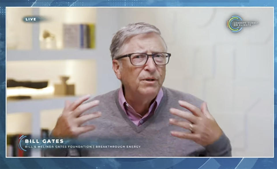 In this image from video, Bill Gates speaks during the White House Climate Leaders Summit, Friday, April 23, 2021. The White House is bringing out the billionaires, the CEOs and the union executives Friday to help sell President Joe Biden's climate-friendly transformation of the U.S. economy at his virtual summit of world leaders. (AP Photo)