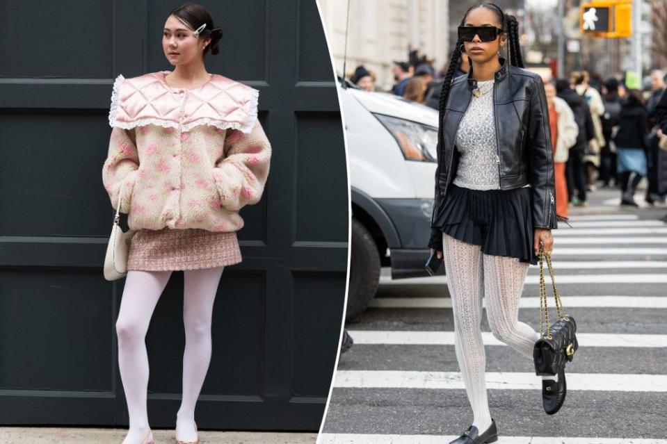 Street style: Attendees (from left) of Sandy Liang and Coach NYFW shows both rock white tights.