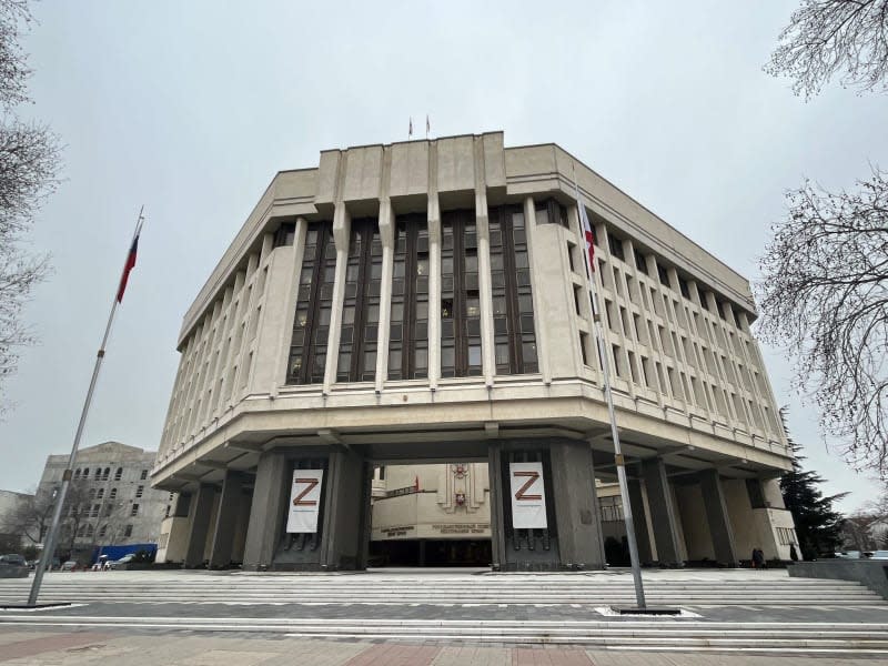 The State Council of Crimea, seat of the parliament, stands in the city centre of the peninsula's capital. The letters Z on the left and right of the building stand for the 