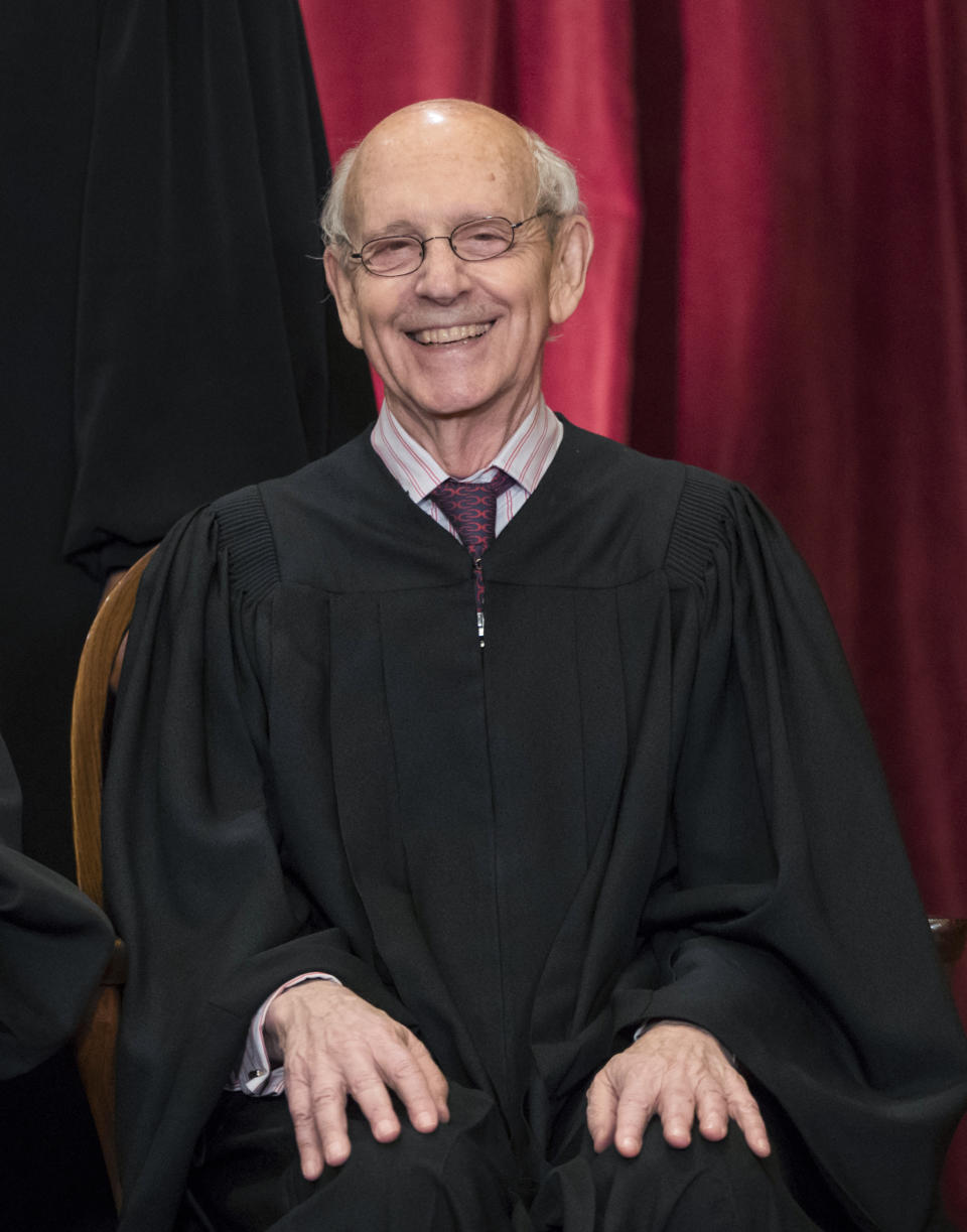 FILE - Associate Justice Stephen Breyer joins other justices of the U.S. Supreme Court for an official group portrait at the Supreme Court Building in Washington, June 1, 2017. Breyer was appointed by President Bill Clinton in 1994. Breyer said in a letter to President Joe Biden that his retirement will take effect on Thursday, June 30, 2022, at noon, after nearly 28 years on the nation’s highest court. (AP Photo/J. Scott Applewhite, File)