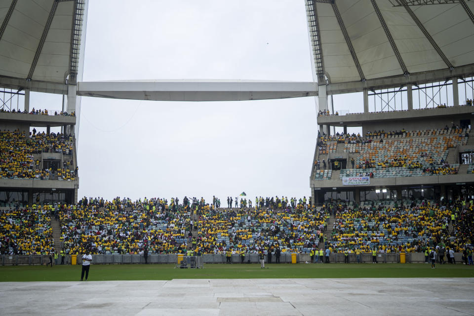 African National Congress supporters gather at the Mose Mabhida stadium in Durban, South Africa, Saturday, Feb. 24, 2024, for their national manifesto launch in anticipation of the 2024 general elections. (AP Photo/Jerome Delay)