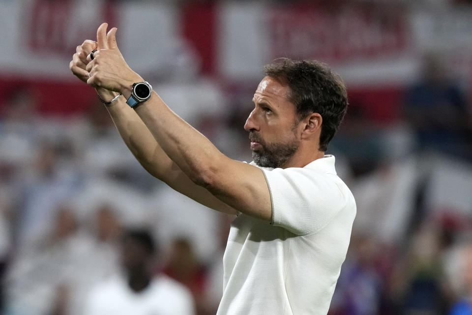 England's manager Gareth Southgate gestures after a Group C match between the England and Slovenia at the Euro 2024 soccer tournament in Cologne, Germany, Tuesday, June 25, 2024. (AP Photo/Frank Augstein)