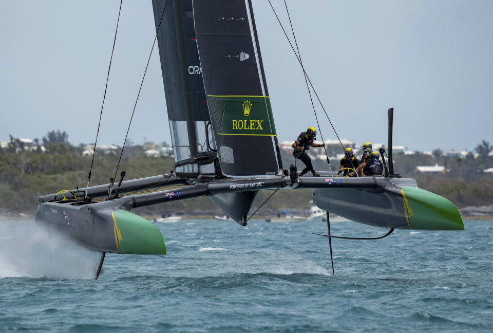 In this photo provided by SailGP, the Australia SailGP Team, helmed by Tom Slingsby, competes on race Day 2 of the Bermuda SailGP event in Hamilton, Bermuda, Sunday, April 25, 2021. (Bob Martin/SailGP via AP)