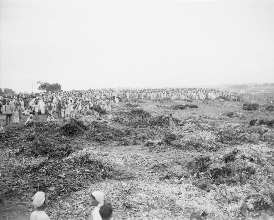 New Delhi Muslims: Muslims evacuated from the dangerous zones in New Delhi, Sept. 9, 1947, gather in a debris littered field and wait in the rain for authorities to decide what will be done with them. Photo was made in the Pakistan area. (AP Photo)