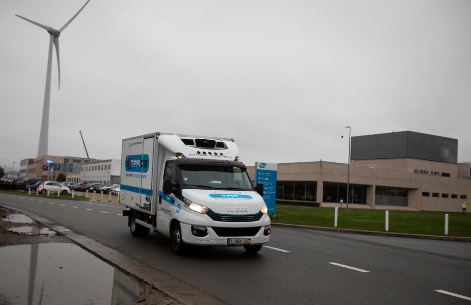 <p>A truck carrying the Pfizer vaccine seen leaving a factory in Belgium</p>AP